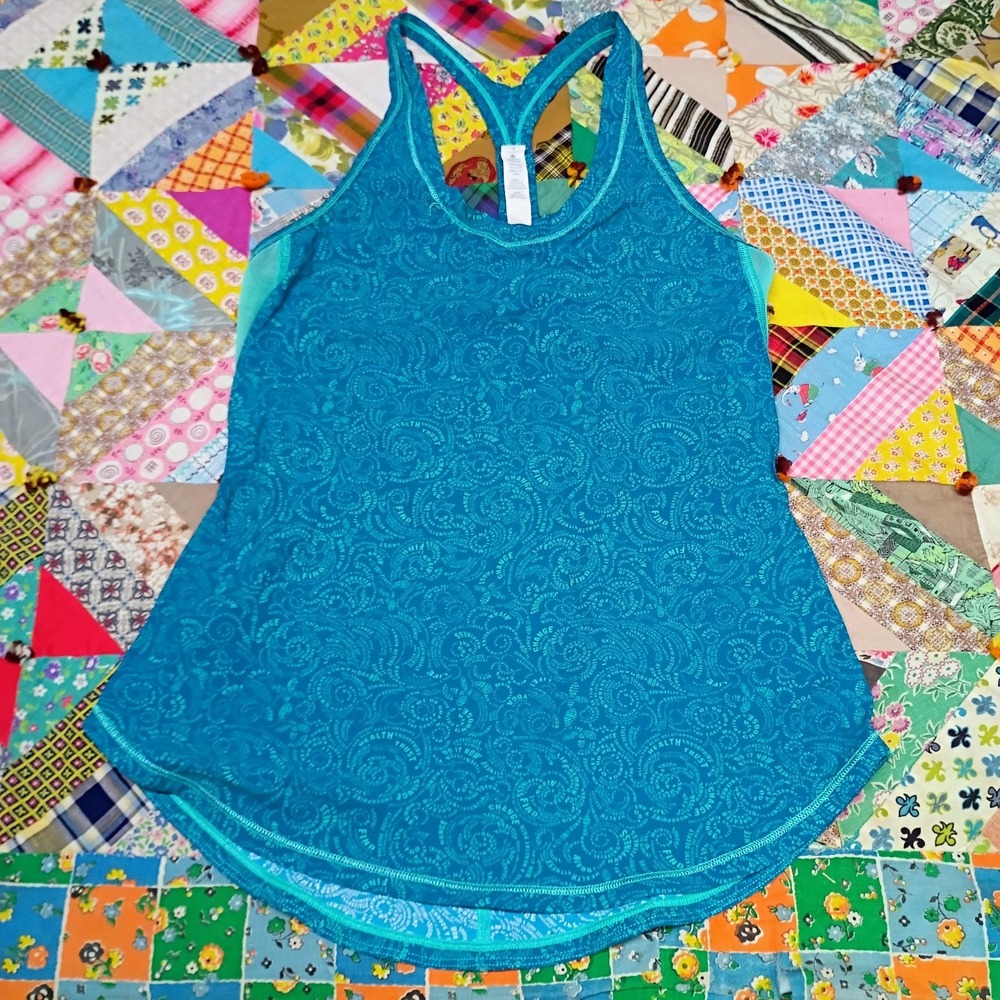Lululemon Fast Lane Tank Womens 4 Teal Manifesto Print Racerback Mesh Running